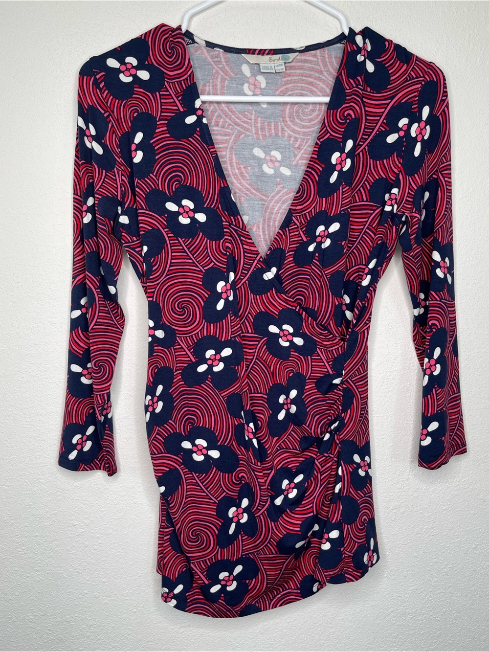 Boden Black & Pink‎ Floral Knit Faux Wrap Top - Size 6 Regular 3/4 Sleeve V Neck